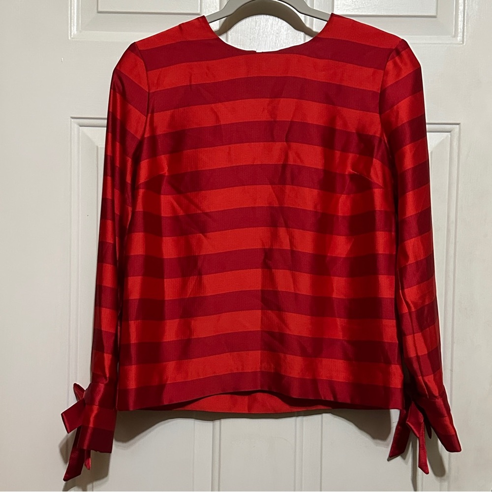 Banana Republic Top Womens X-Small Red Silky‎ Striped  Tie Bow Balloon Sleeves